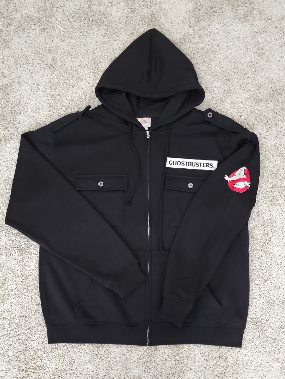 Black Zip-Up Hoodie Sweater with Chest Patch
